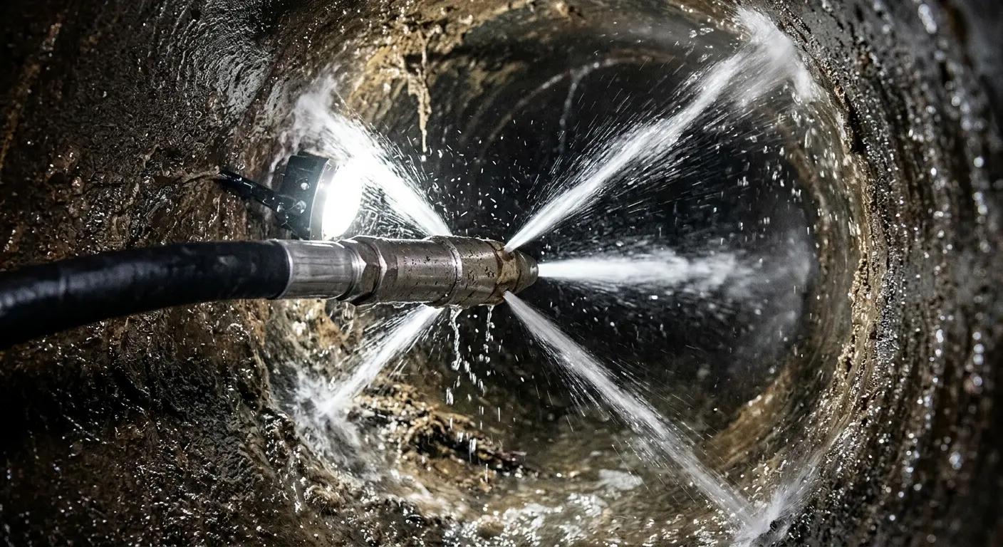 High-pressure hydro jetting nozzle cleaning sewer pipe for Trenchless Sewer Repair in Hilltown