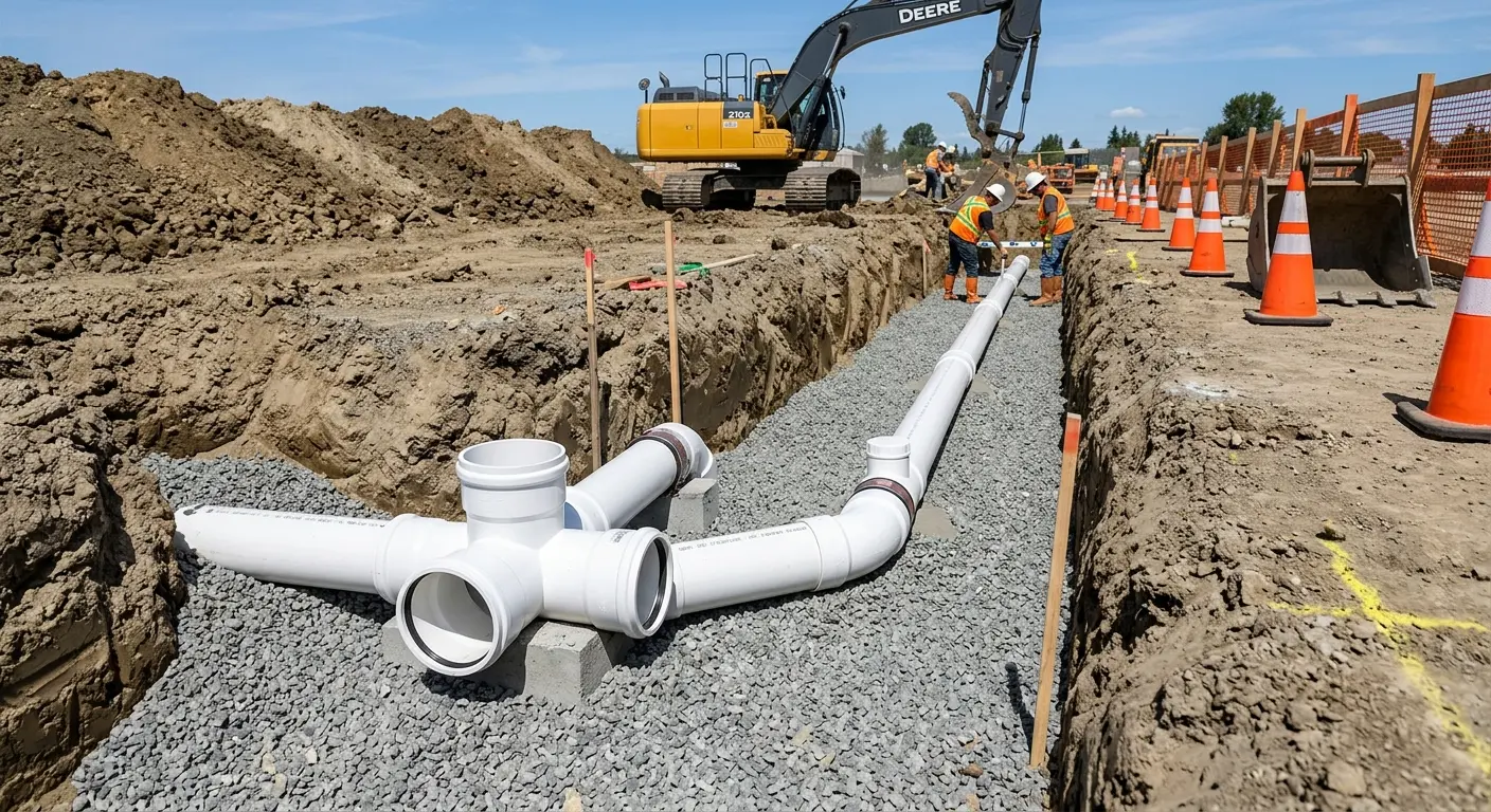 New PVC sewer pipe installation in open trench for Commercial Drain Cleaning in Hilltown