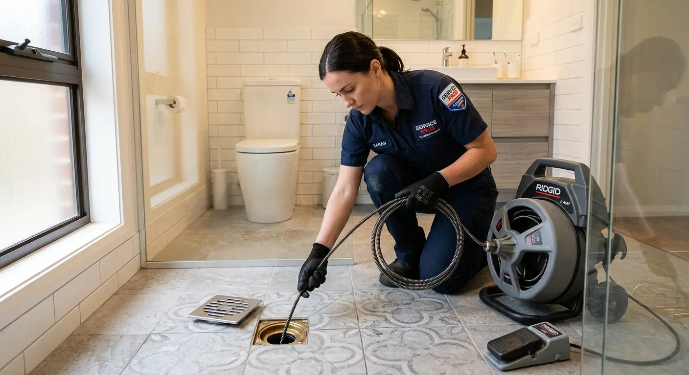 Technician clearing a bathroom floor drain for Drain Cleaning in Hilltown